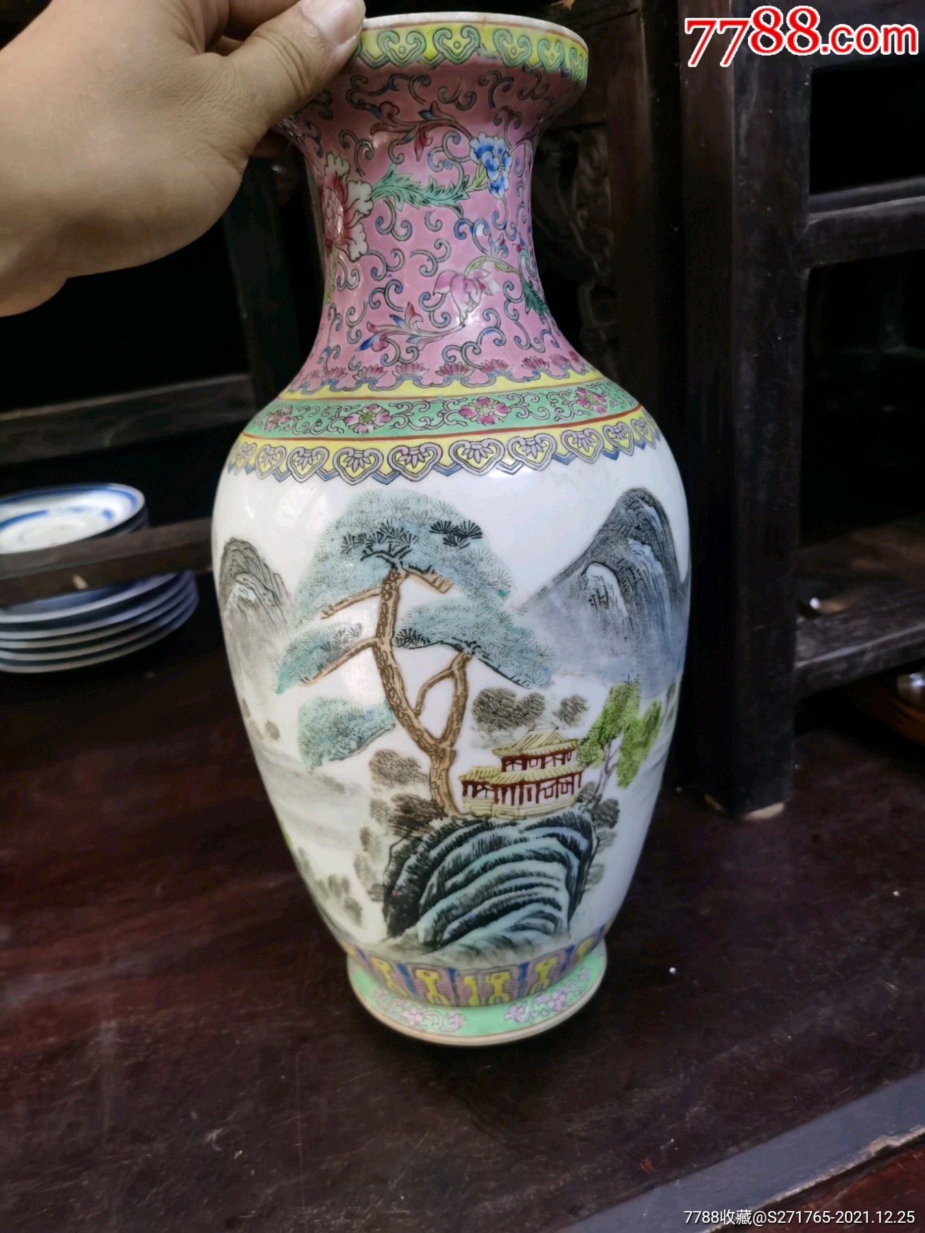 老景德镇粉彩山水观赏花瓶-彩绘瓷/彩瓷-7788根雕收藏