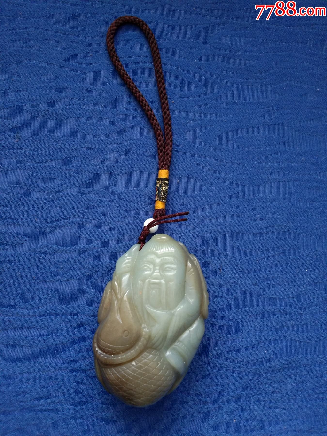 90年代青海玉挂件雕刻老寿星提鱼篓荷叶莲蓬寓意年年有鱼多子多孙平安