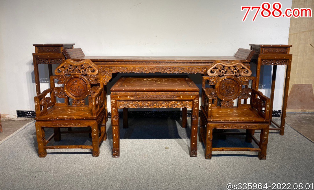 珍藏版镶嵌贝壳黄花梨木灵芝中堂六件套-价格:25800元-au30959691-木雕摆件 -加价-7788收藏__收藏热线