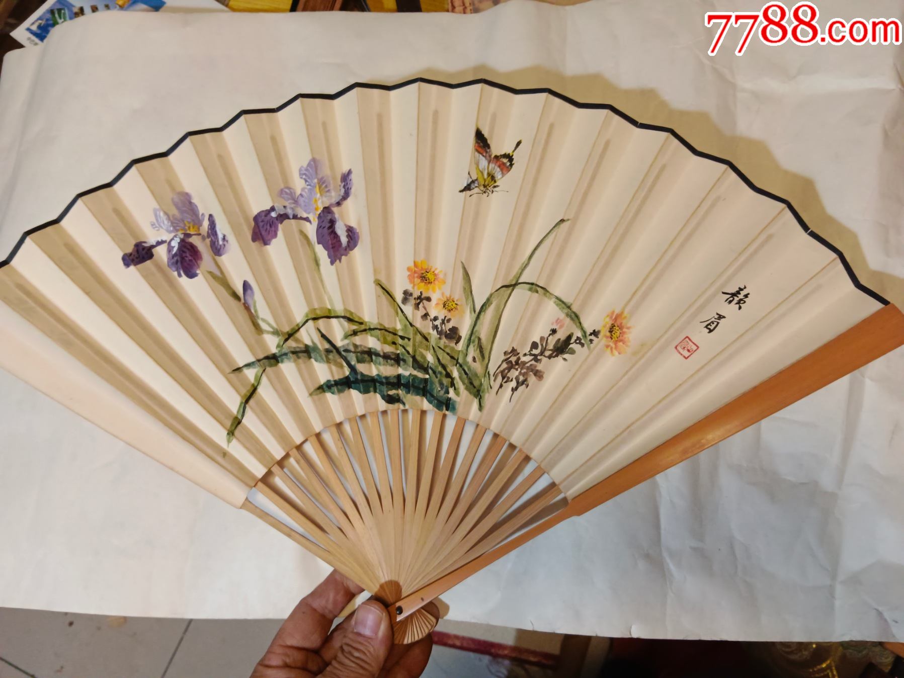 手绘扇子(一面绘画一面书法)_花鸟国画原作_民间旧物【7788收藏__收藏热线】