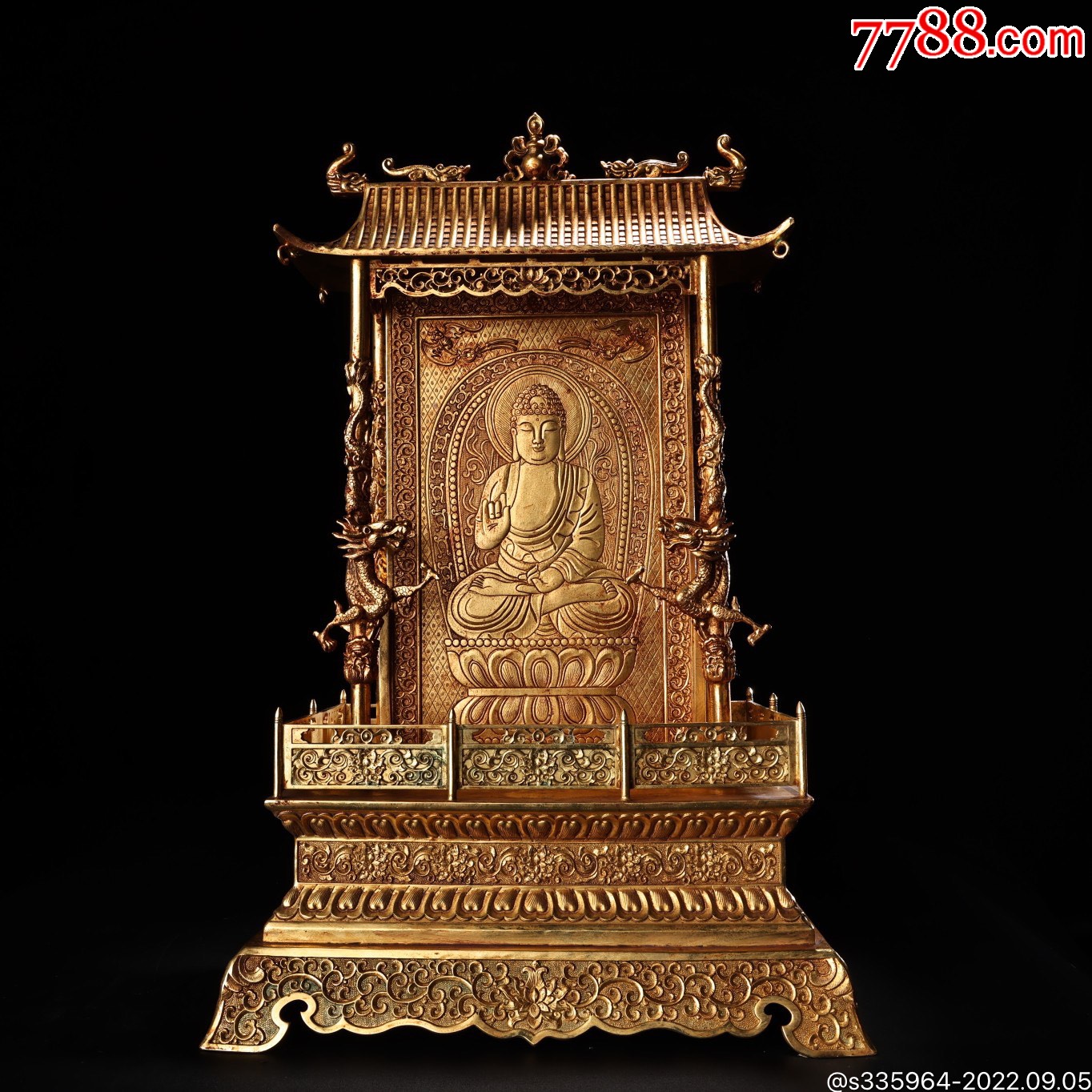 珍品旧藏收高浮雕錾刻鎏金释迦牟尼佛佛珠佛龛-佛龛/神龛-7788收藏