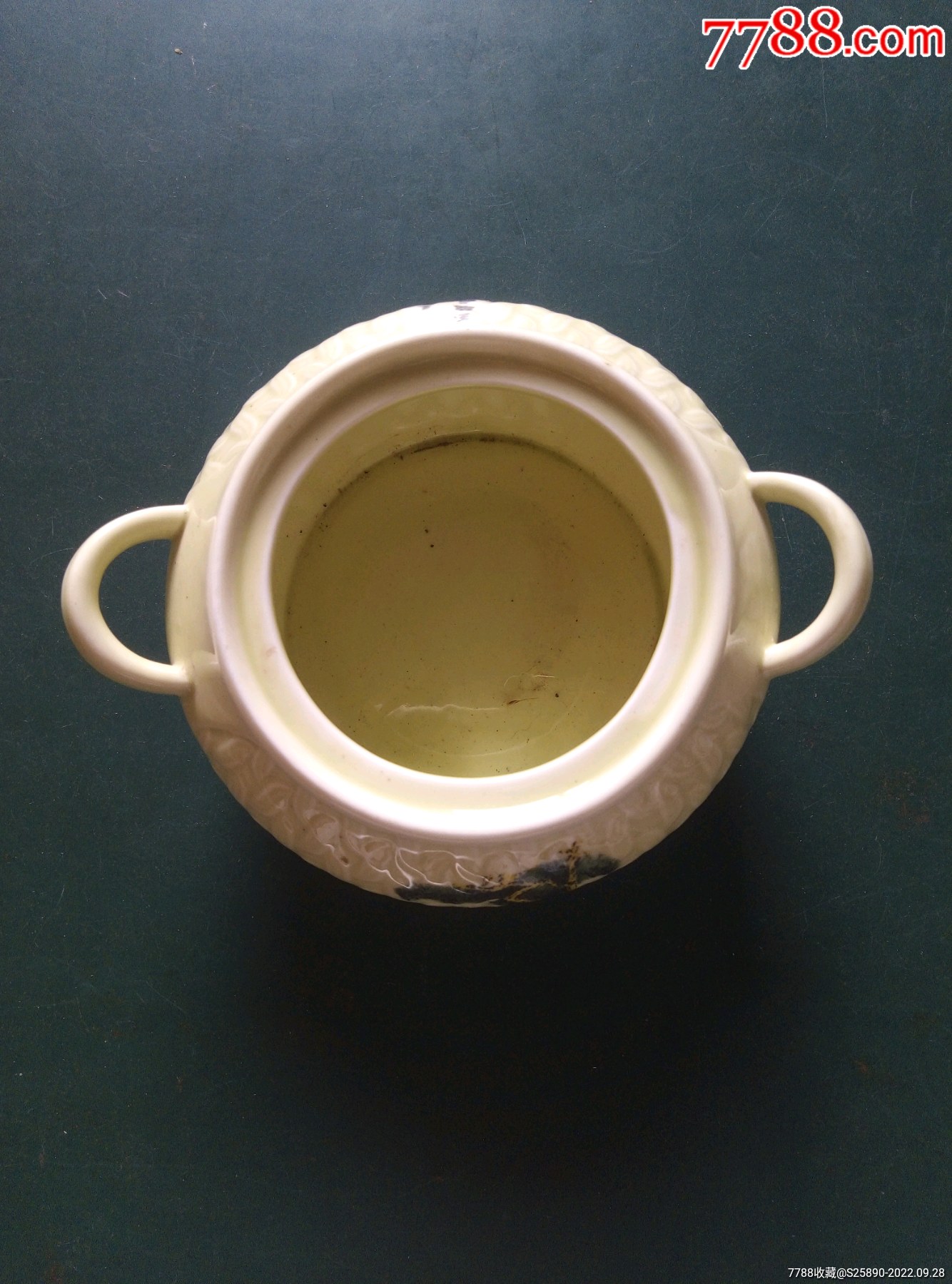 黄釉凸起花纹贴花无盖双耳平底陶瓷碗_价格20元_第1张