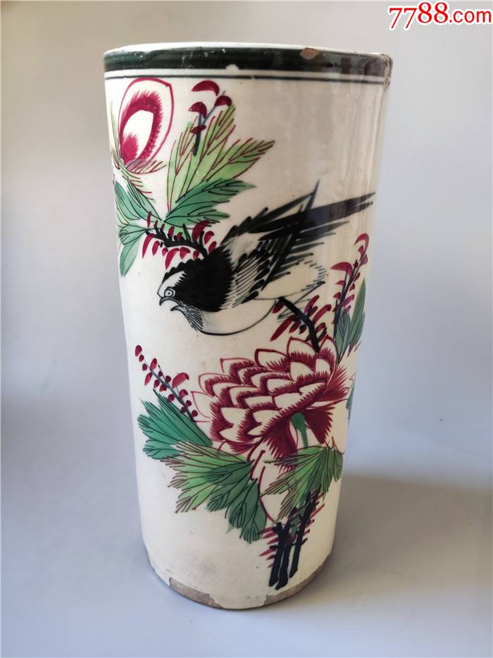 清末山东博山窑烧制的花开富贵一品红红绿彩残帽筒_价格230元_第1张