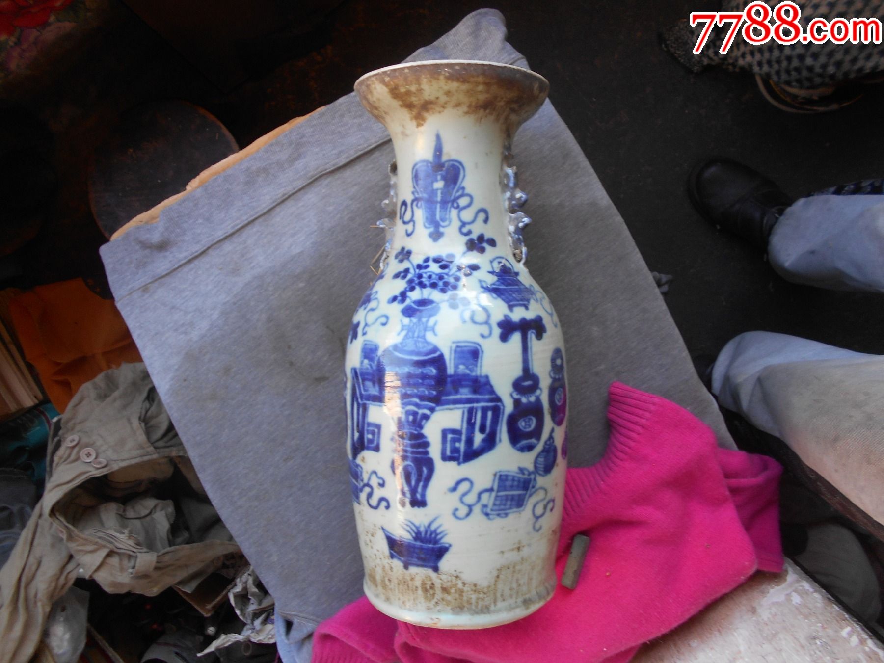 清时期【豆青】釉青花【博古】瓶【粘接/修补】【标本】_青花瓷_南飞雁【7788收藏__收藏热线】