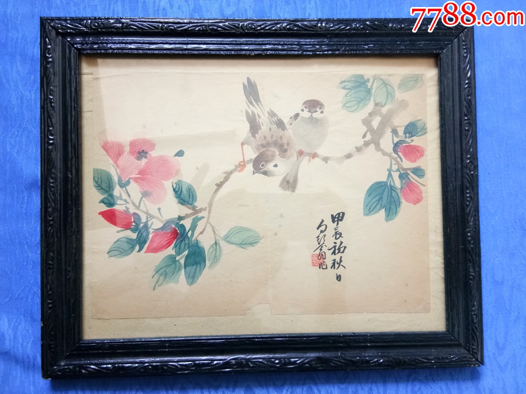 DS786 新しい 中国美術 中国珍瑞貝雕画 在銘「佛手牡丹花鳥圖」挂屏