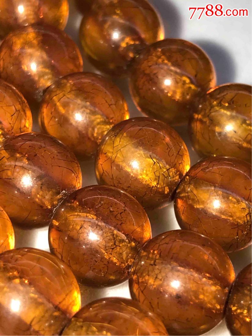 1.0冰裂纹老琥珀金珀串一条净重59克颗颗冰裂