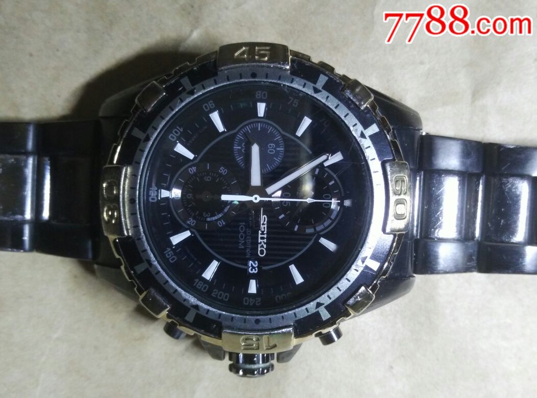 极少见限量版黑金精工7t92计时石英表,表径连把头49mm,功能正常,走时
