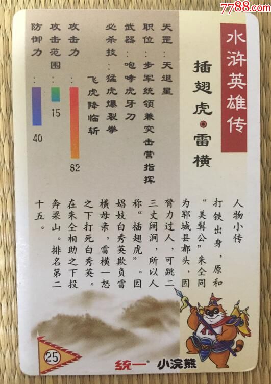 统一小浣熊水浒闪卡25插翅虎雷横
