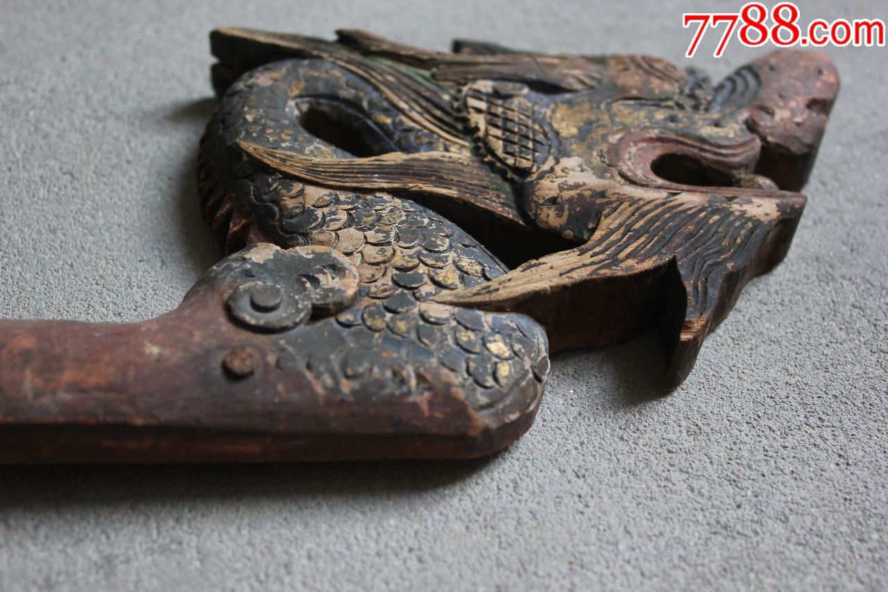 矿彩龙纹木雕老画角一对