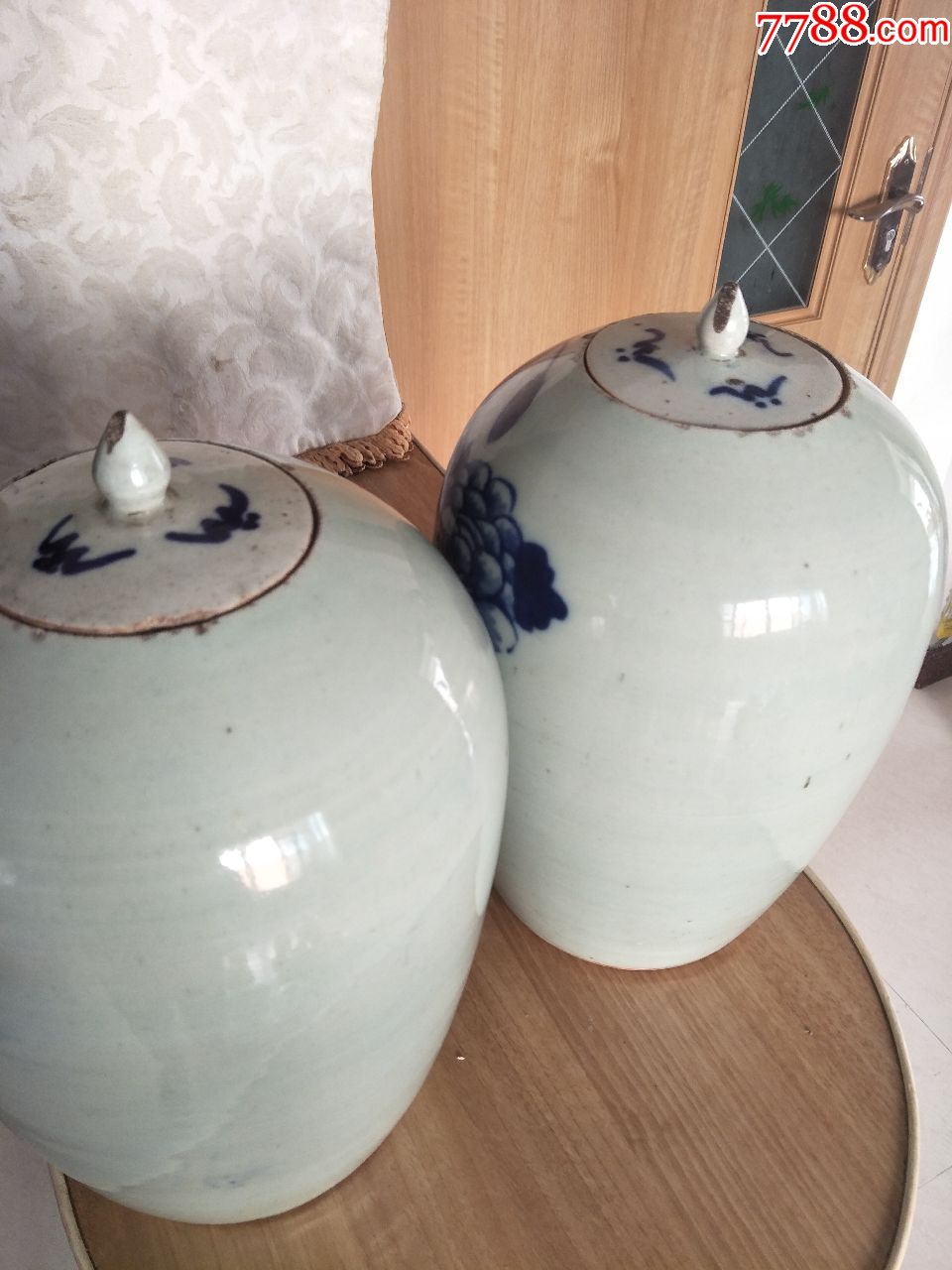 青花冬瓜罐子一对包老包快29厘米一全一个有纹