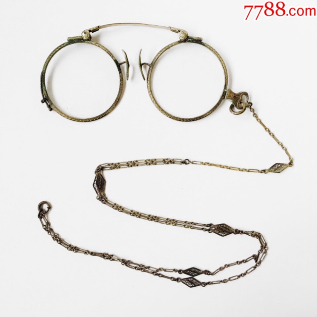 西洋古董古玩\/美国老夹鼻眼镜带挂链\/民国191