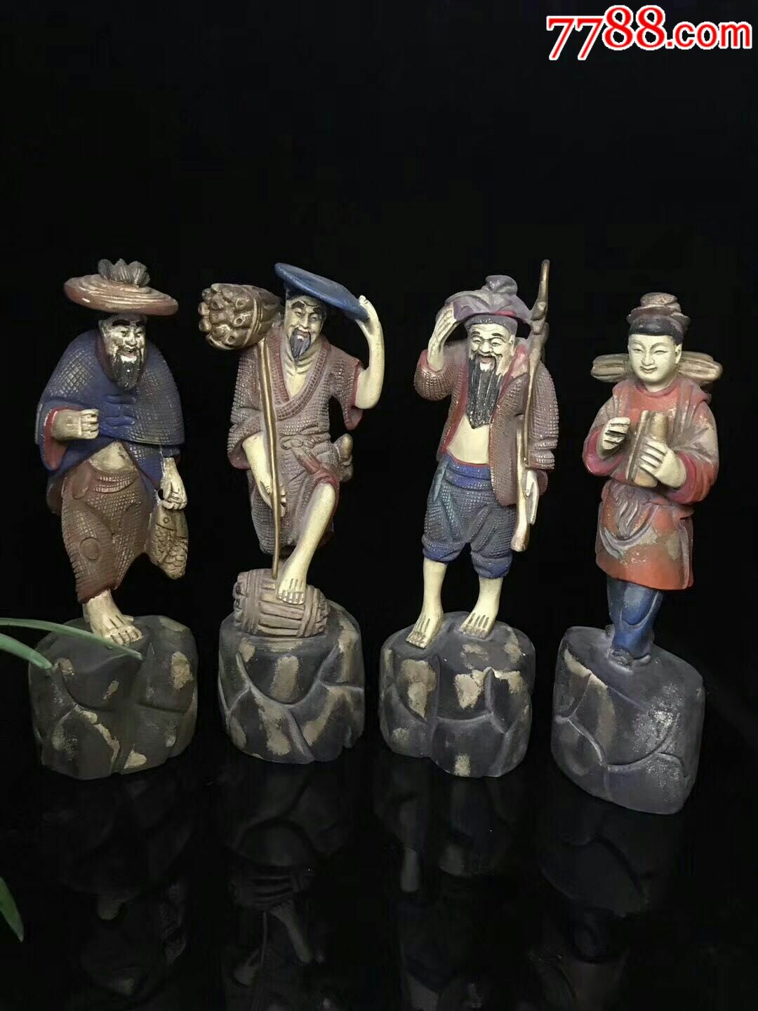 清代,楠木彩绘「鱼樵耕读」人物摆件,纯手工雕刻,绘画,包浆老道.