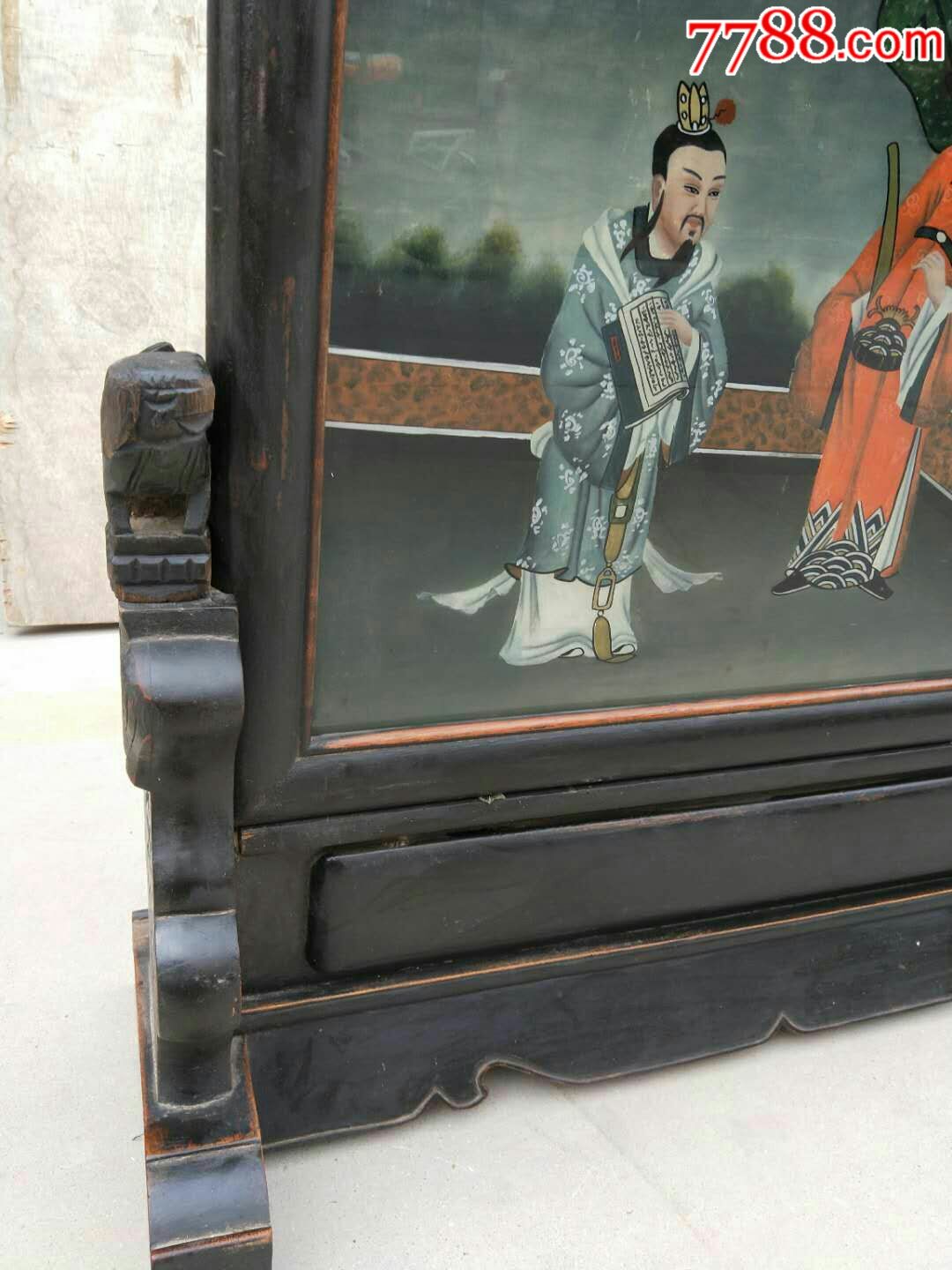 清代楠木框架纯手工绘图福禄寿三星图玻璃镜一件