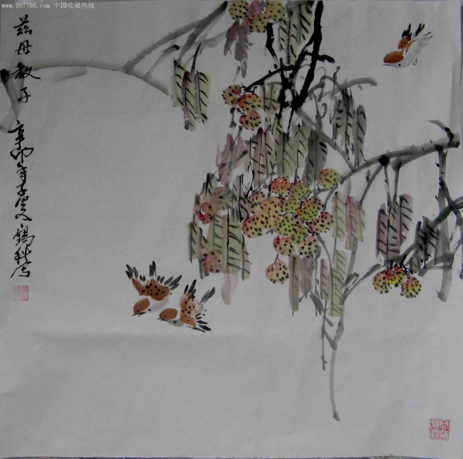 山东知名画家四尺斗方花鸟画《慈母教子》