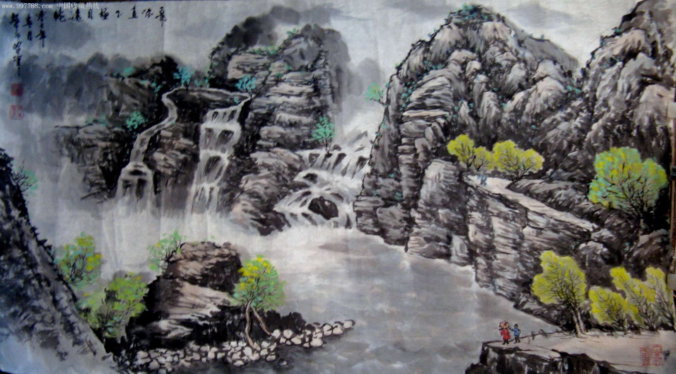 北京名家三尺山水画《飞流直下极目远眺》