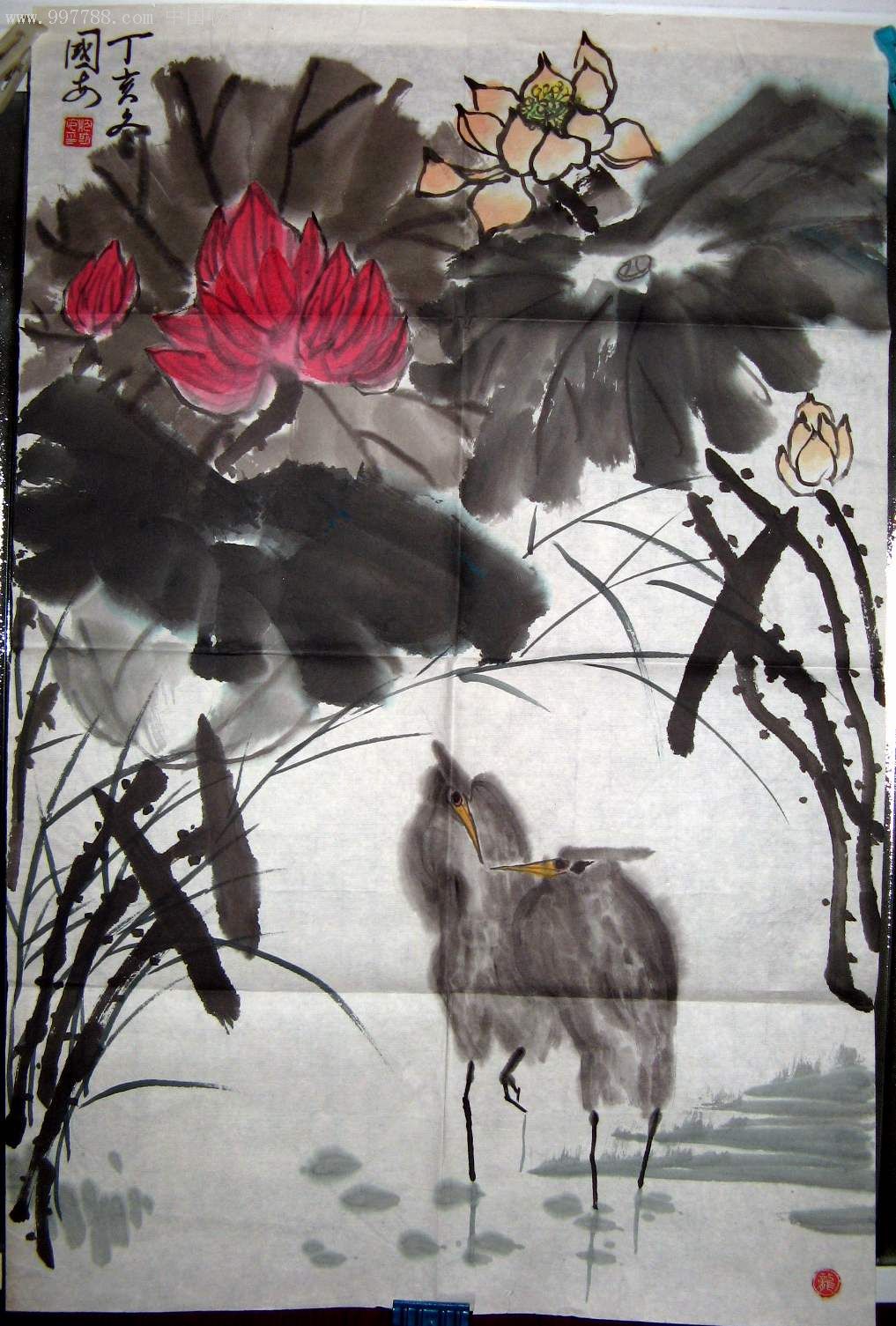 沈国安四尺开三条幅荷花鹭鸟图-花鸟国画原作-7788书画网