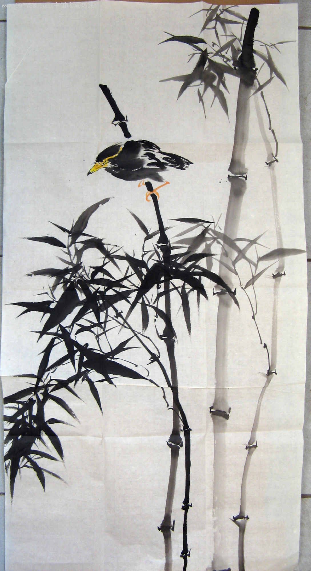 手法老到的三尺条幅竹子八哥画-au4087752-花鸟国画原作-加价-7788