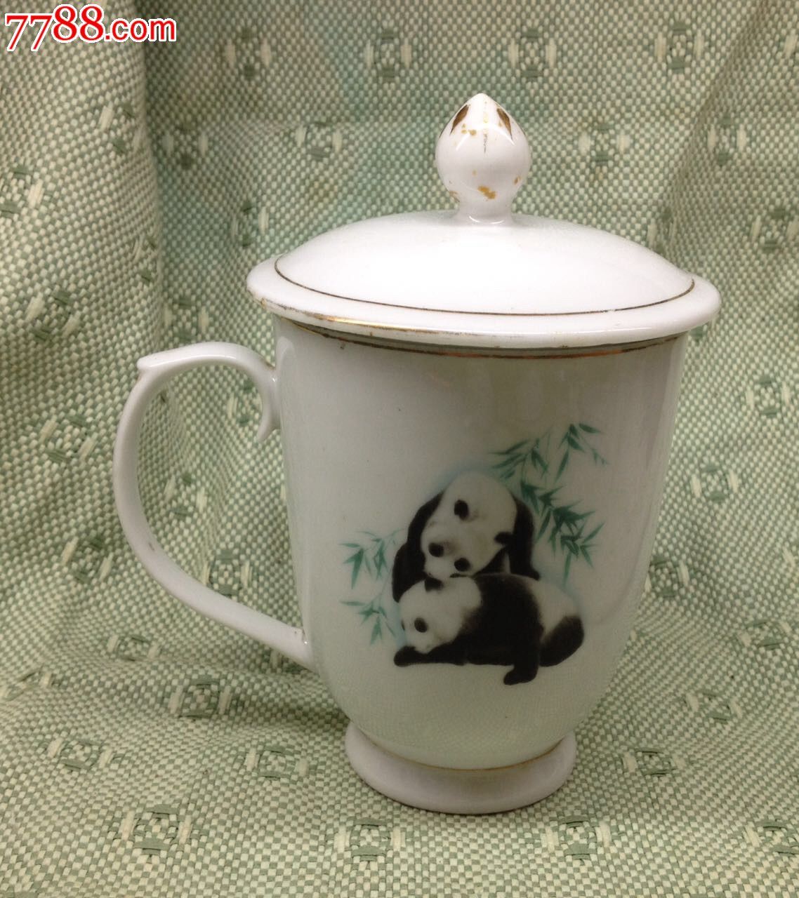 宣化瓷,手绘"熊猫"图案带盖把杯,一天快拍