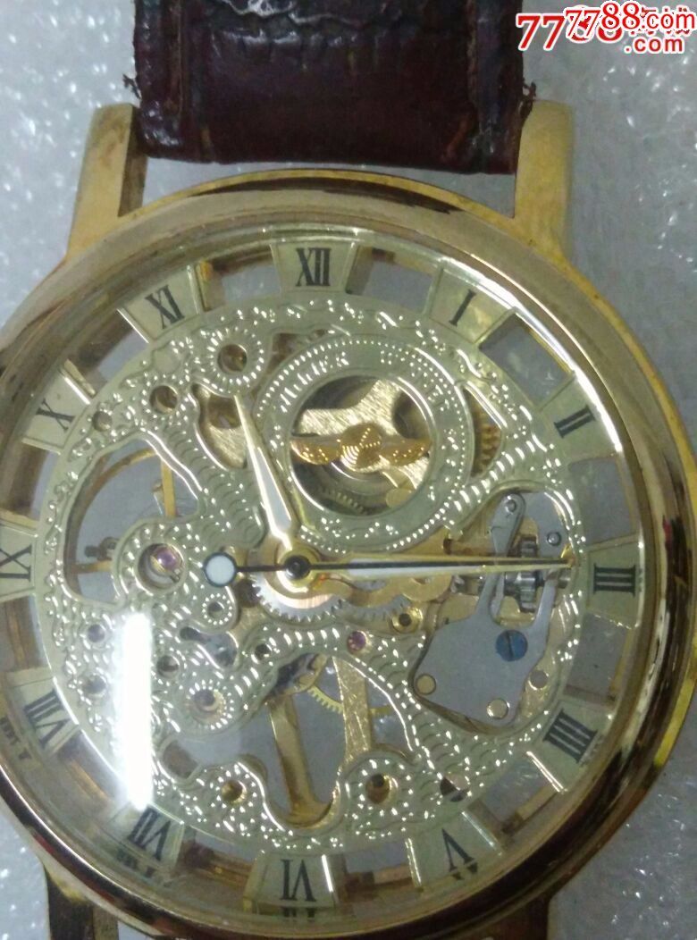 镂空透明手表,纯黄机芯手卷机械表,走时