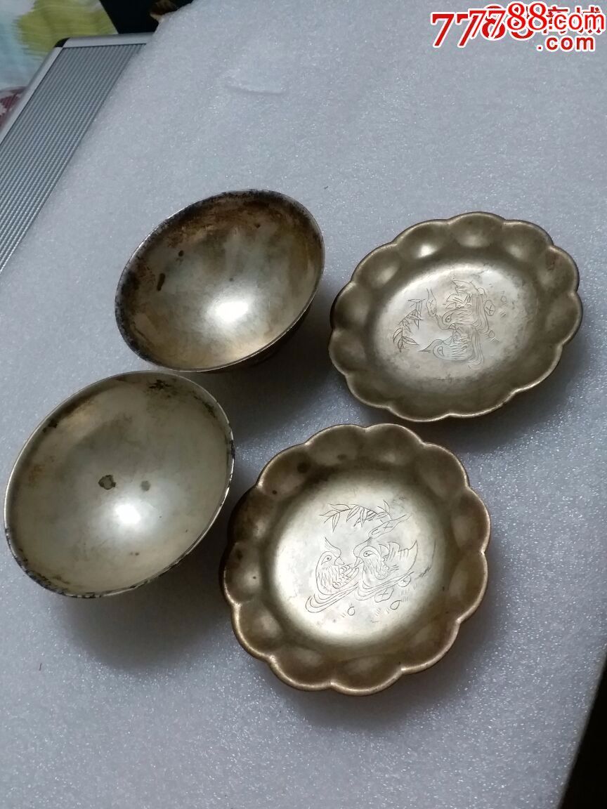 老银碗,碟无磕碰,雕刻鸳鸯银碗碟4个一起拍