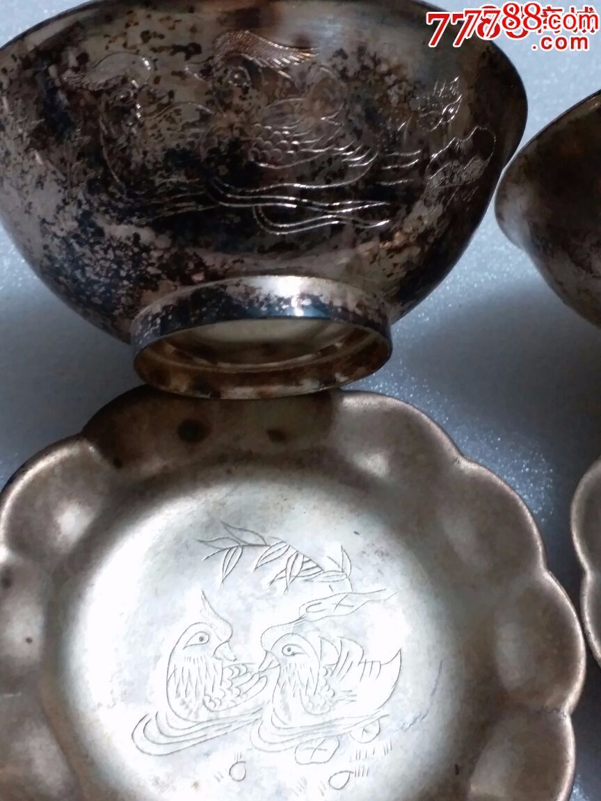 老银碗,碟无磕碰,雕刻鸳鸯银碗碟4个一起拍