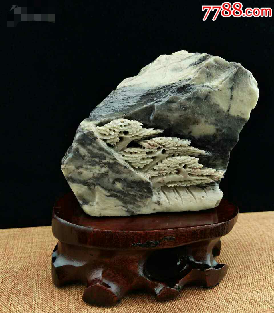 精品青田封门紫檀石摆件寿比南山不老松送底座石质光润而凝细微透明