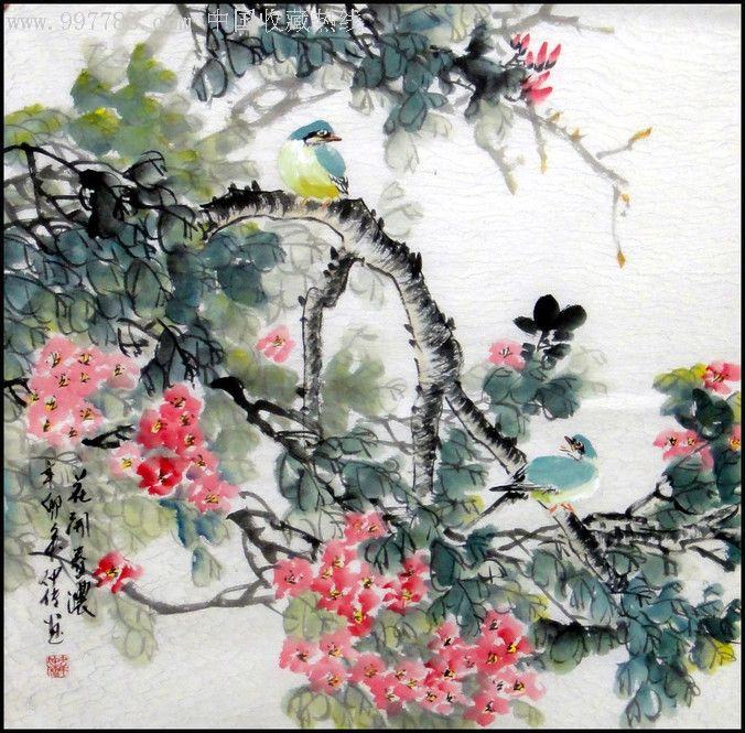 桂林画家韦仲传花鸟画精品:花开春浓图(四尺斗方68*68)