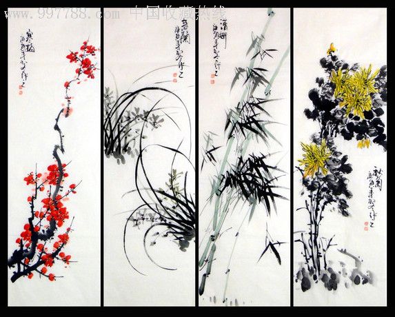 广西著名花鸟女画家蒋艳梅梅兰竹菊四扇屏(每条尺寸138*34)-花鸟国画