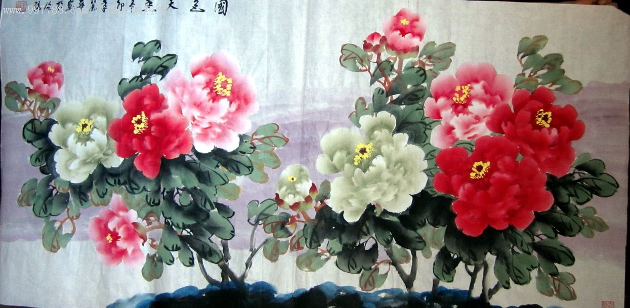 国色天香【四尺横幅带背景】【富祥阁洛阳牡丹国画】_第1张