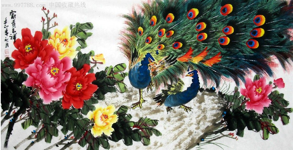 精品四尺牡丹孔雀花鸟·富贵吉祥99cm×50cm