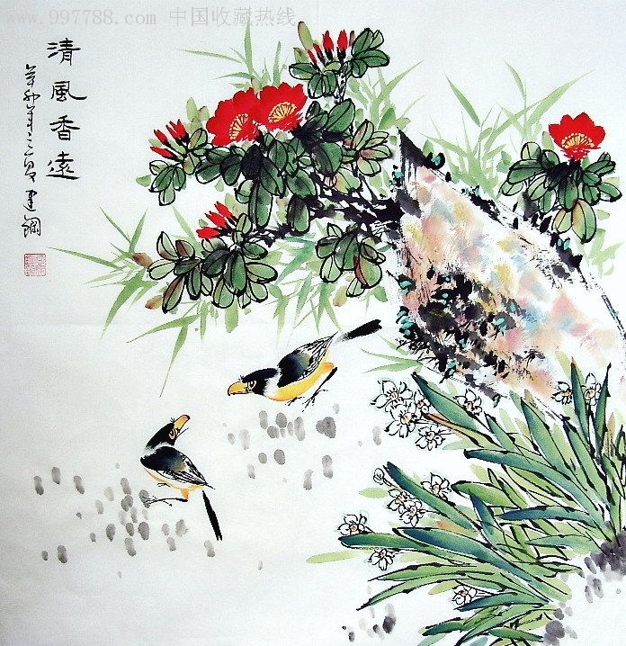 李建钢四尺斗方国画花鸟清风香远