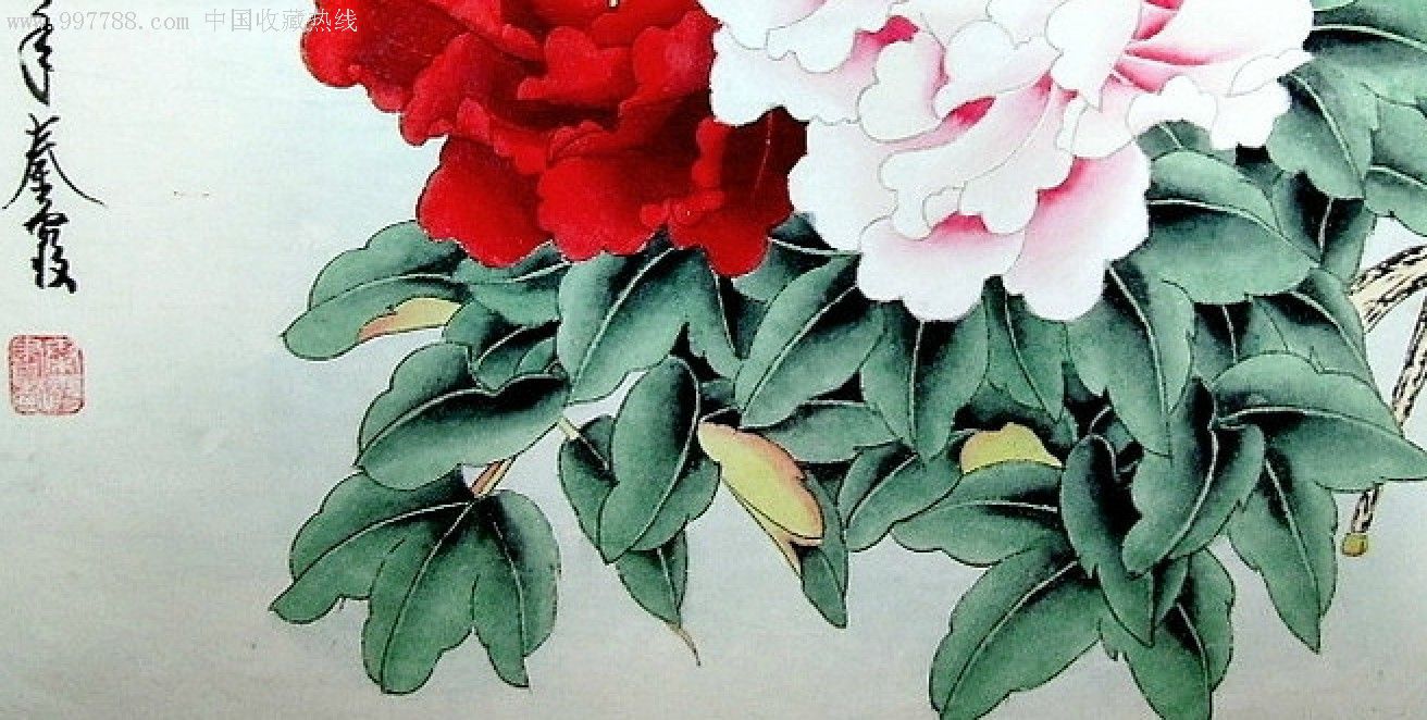 秦霞工笔画三尺斗方牡丹《富贵图》