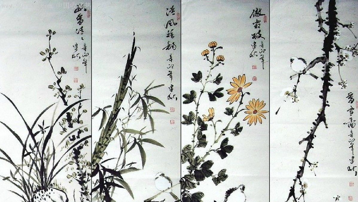 王建秋国画花鸟梅兰竹菊四条屏