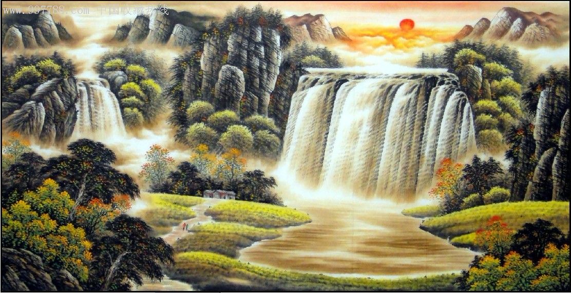 程海旺精品四尺风水山水画聚宝盆[旭日东升源远流长黄金满地招财进宝]