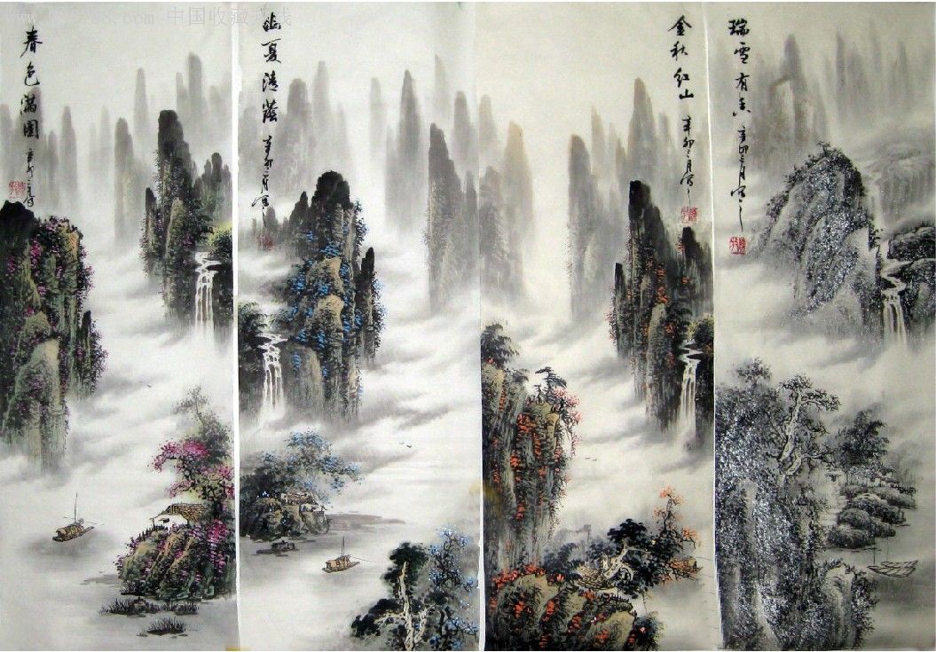 陈放-四条屏国画山水-春夏秋冬