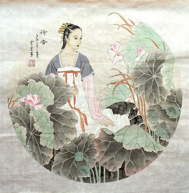 顾雪芳4尺斗方工笔人物仕女《荷香》