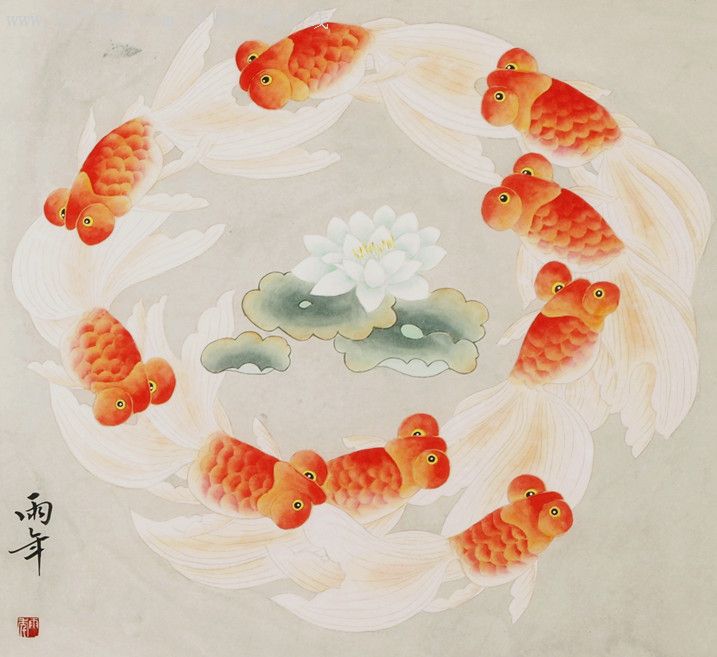 中国美协会员,国家一级美术师"路雨年".工笔画《九鱼图》