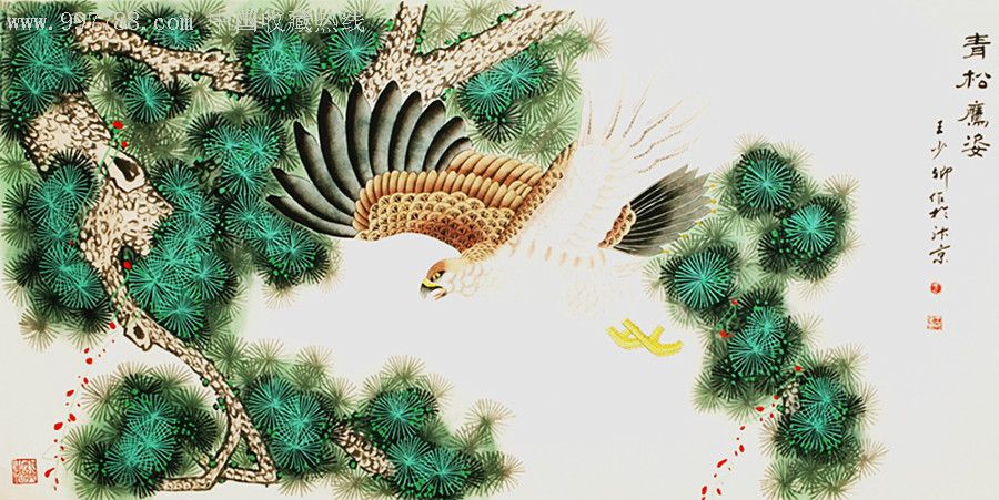 中国美协会员,高级工艺美术师"王少卿"工笔花鸟画《青松鹰姿》