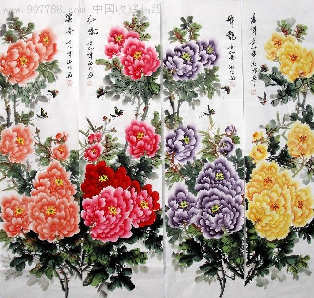 孟湘玲花鸟牡丹国画·四条屏,花鸟国画原作,花卉画原画,水墨/写意画法