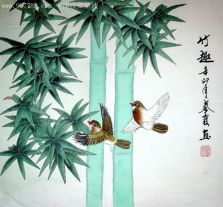  秦霞>工笔画三尺斗方花鸟《竹趣》-花鸟国画原作--zc4078745-在线