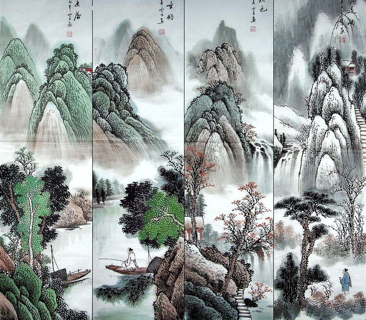 山东省美协会员,山东东方书画院画师"刘云方"山水画四条屏