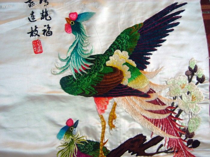 老刺繡收藏精品-鳳凰孔雀3條屏