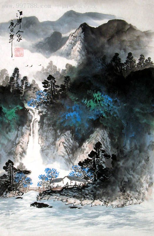 高瑞明泼彩山水画四尺三开江岸人家x20657