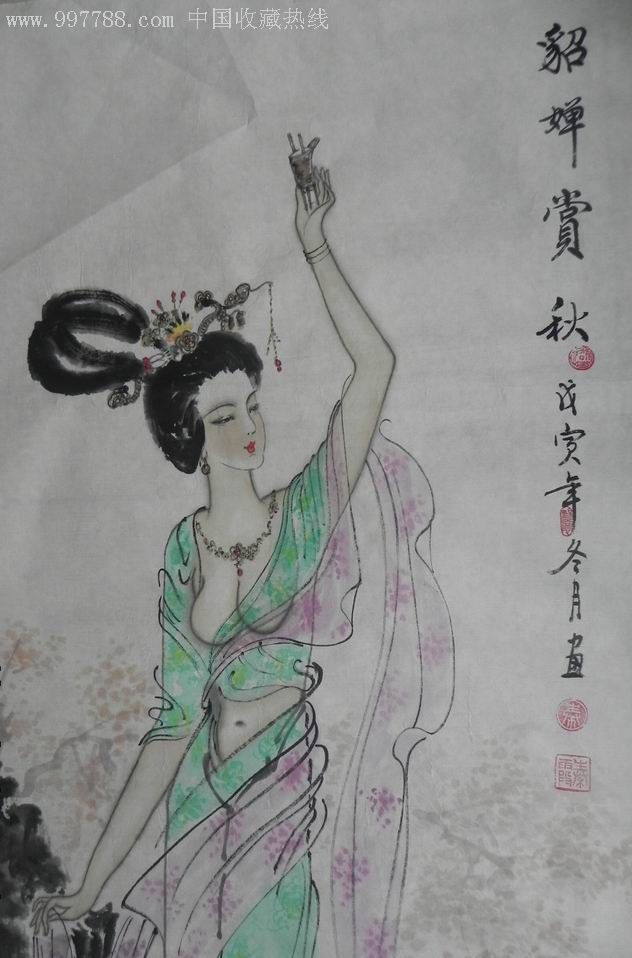山东著名女画家姜霞写意人物《古代四大美人》四扇屏_人物国画原作