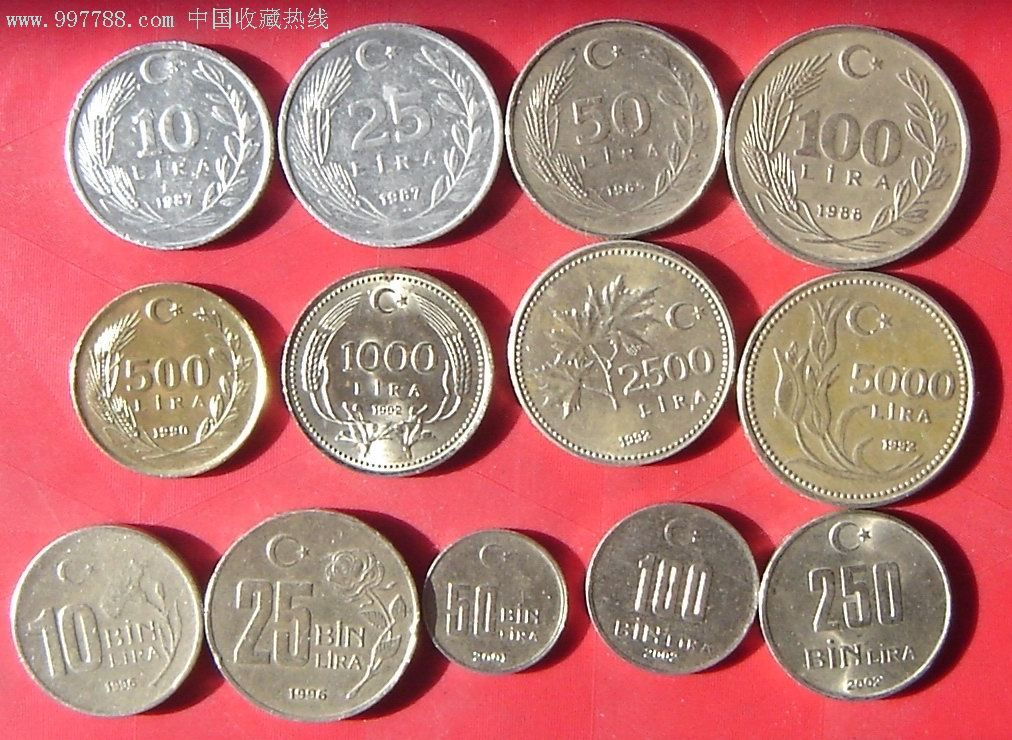 [乐藏阁]土耳其硬币从10里拉到250000里拉13枚大全套
