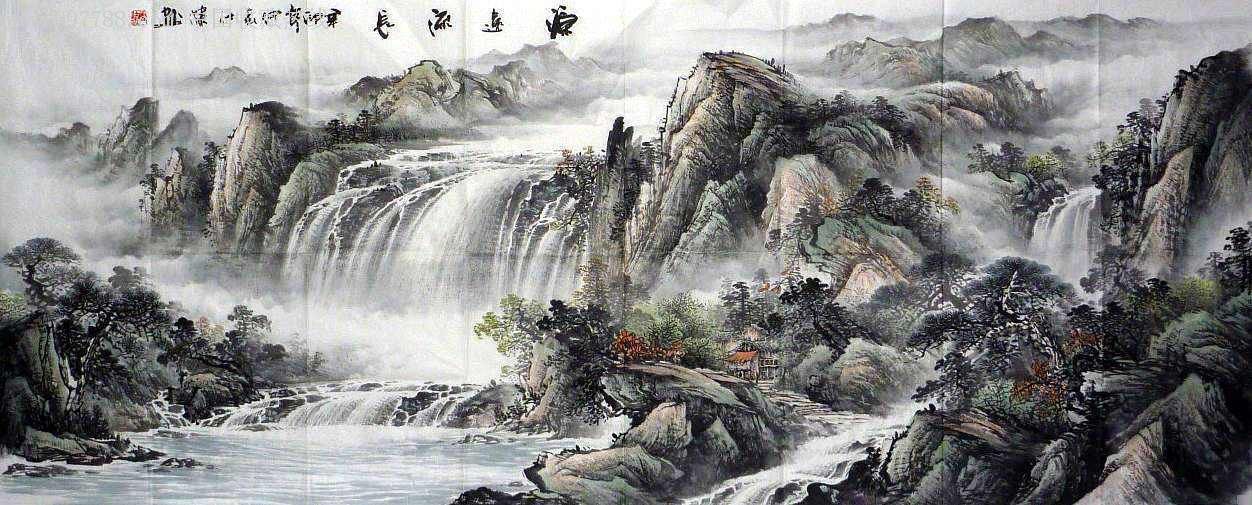 江南巨幅山水画家唐仕杰小八尺山水画《源远流长》240*96