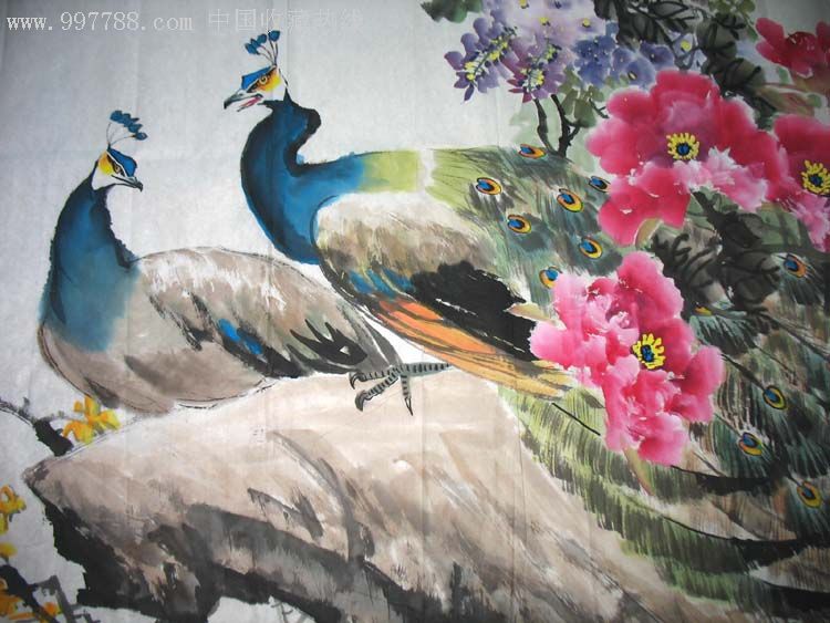 实力画家晨鹤六尺牡丹牡丹孔雀0982