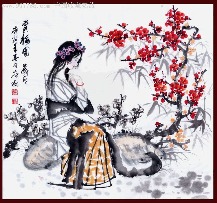 现代画家唐松的写意人物画:赏梅图-人物国画原作--se11086023-零售