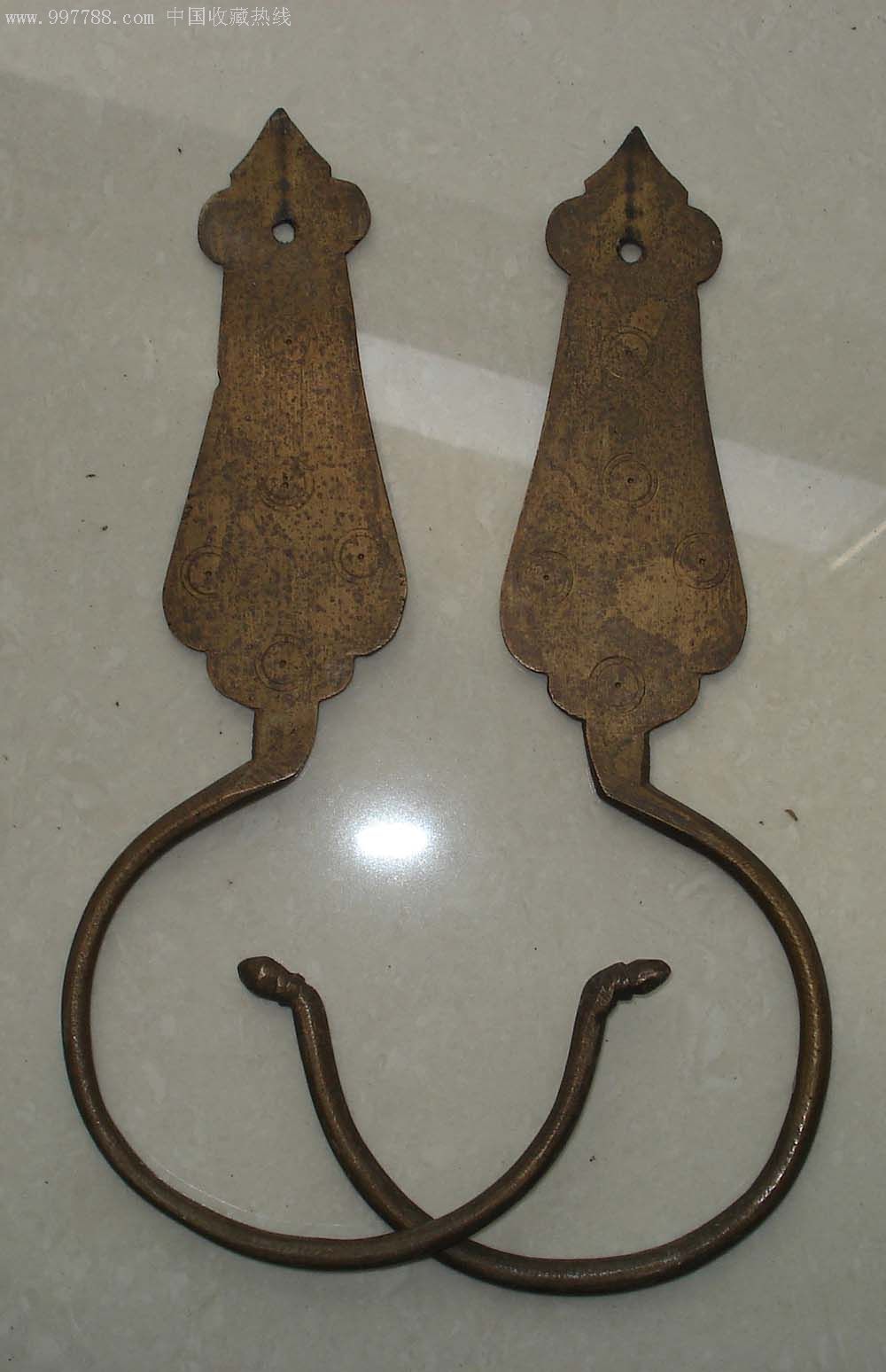 一对有工的老铜帐钩