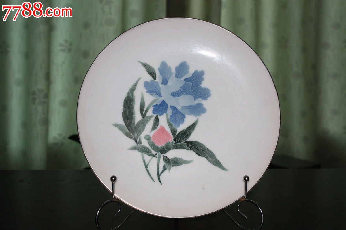 醴陵老瓷器-群力70年代手绘蝴蝶底款蓝芍约盘-彩绘瓷/彩瓷-7788收藏